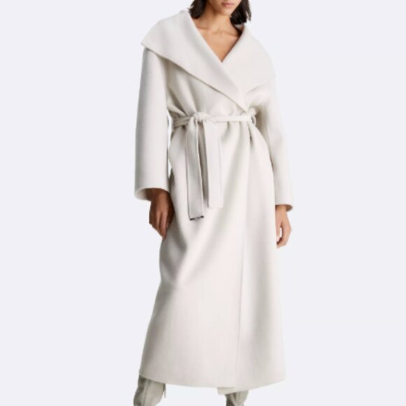 CALVIN KLEIN Wool Belted Wrap Coat Women's Size L in Beige - Picture 1 of 8